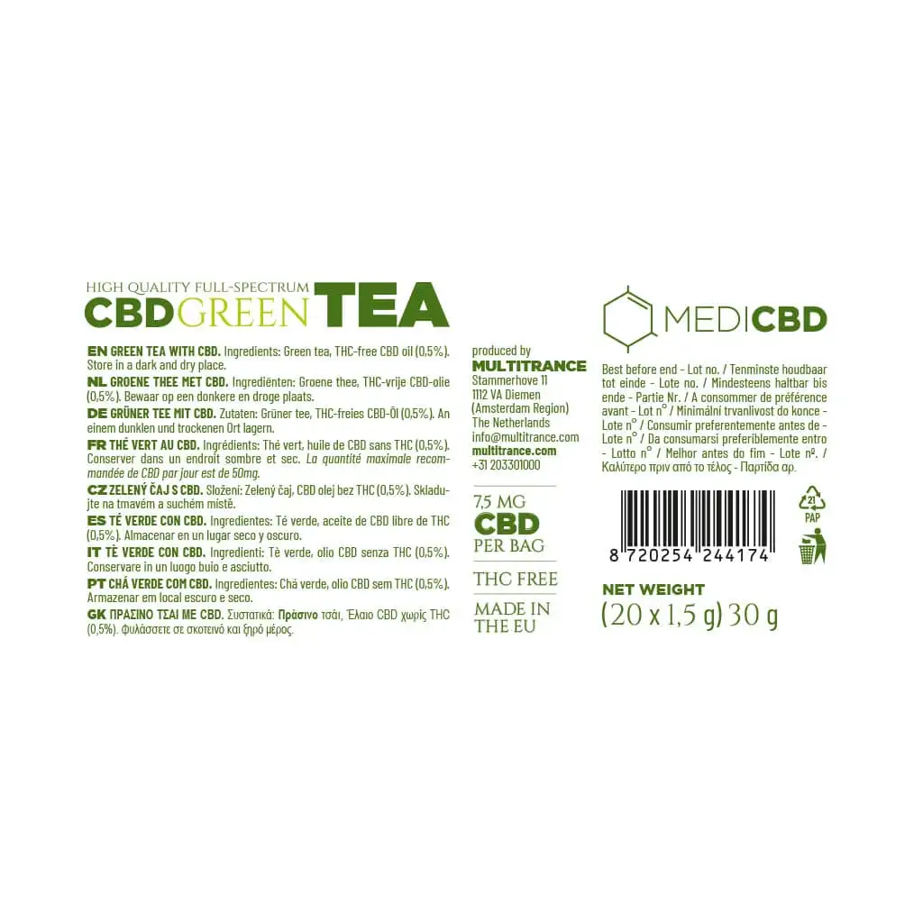 MediCBD 7.5mg CBD Tea – Green – Carton (10 Boxes of Tea)