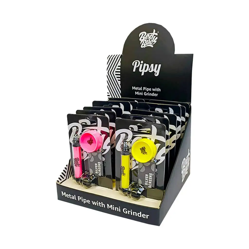 Best Buds,Metal Pipe with Mini Grinder and Screens – Mix Colors